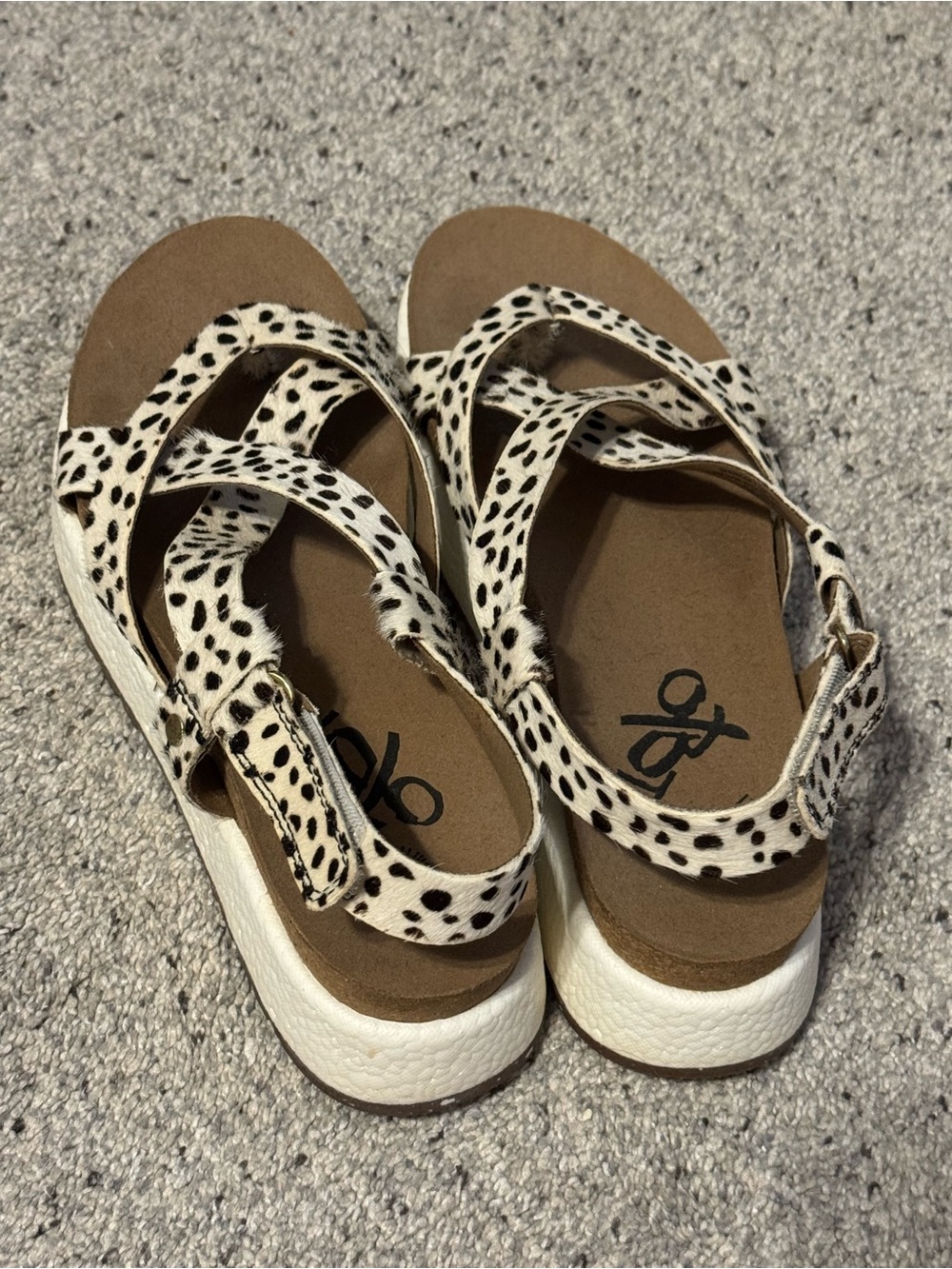 OTBT Dalmatian-Print Strappy Platform Sandals in White and Brown